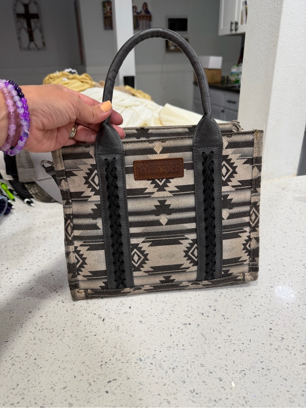 Wrangler Tribal Print Mini Tote in Gray and Black with leather trim